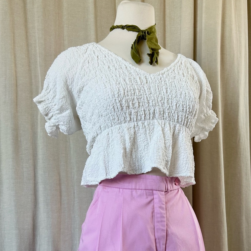Smocked Puff Sleeve Crop Top – White Ruffle Cutie